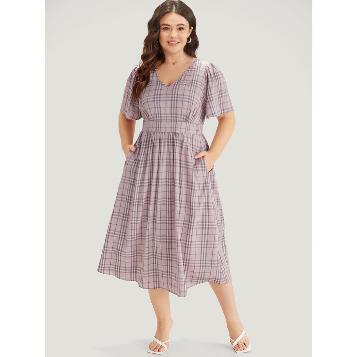 Plus Size Plaid V Neck Gathered Ruffle Sleeve Dress Lavender Women Elegant Gathered V-neck Short sleeve Curvy Midi Dress BloomChic 26/4X Product Image