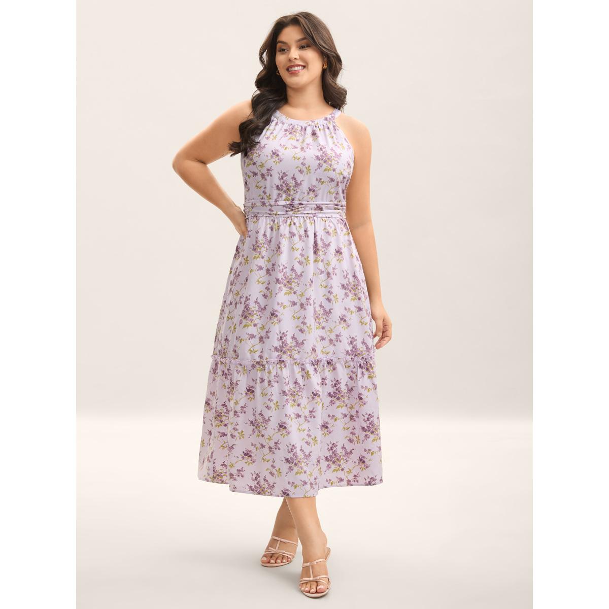 Plus Size Ditsy Floral Print Pleated Tiered Maxi Dress Lilac Women Round Neck Sleeveless Curvy BloomChic 26/4X Product Image