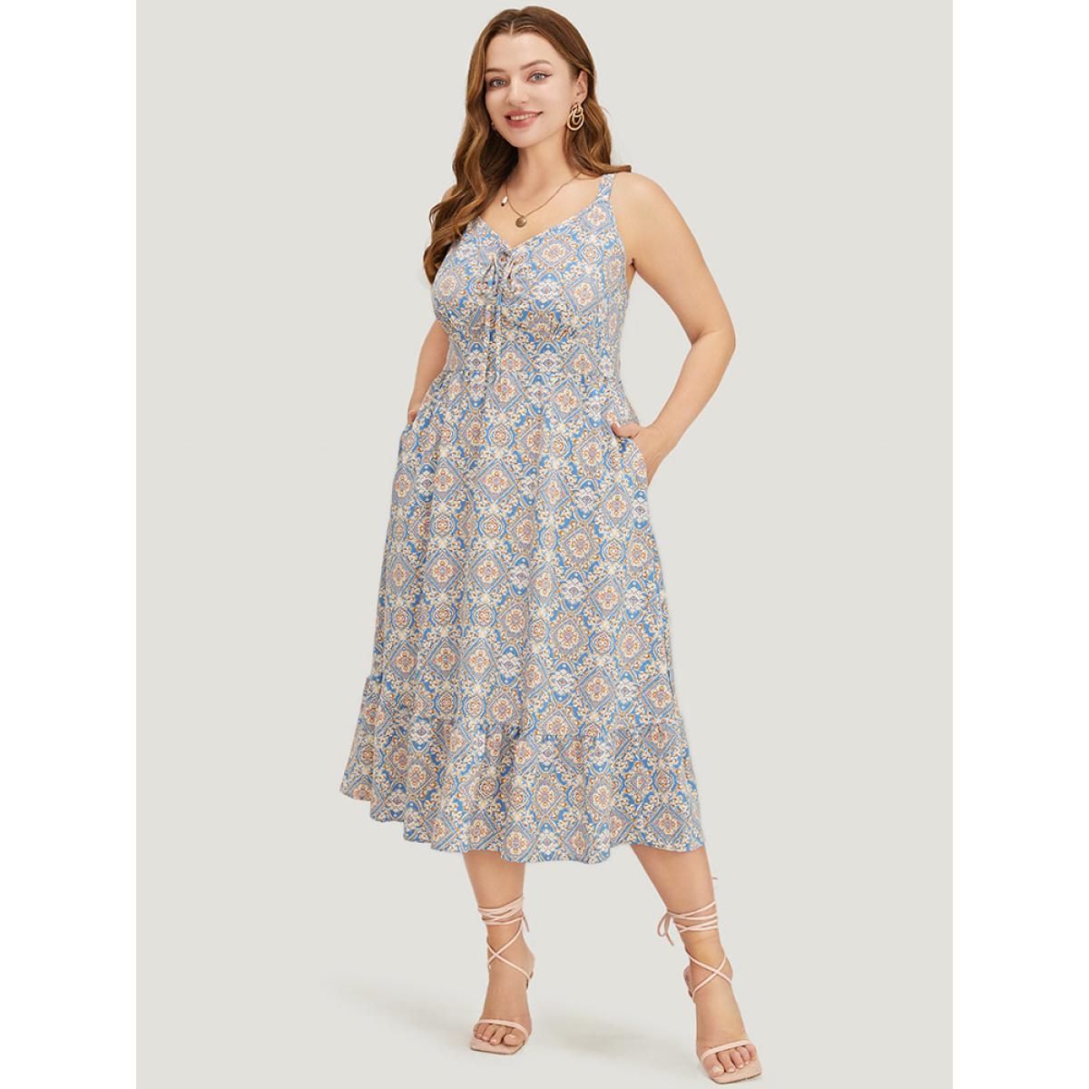 Plus Size Bandana Knotted Pocket Ruffle Hem Empire Waist Cami Dress Multicolor Women Vacation Adjustable Straps V-neck Sleeveless Curvy Midi Dress BloomChic 18-20/2X Product Image