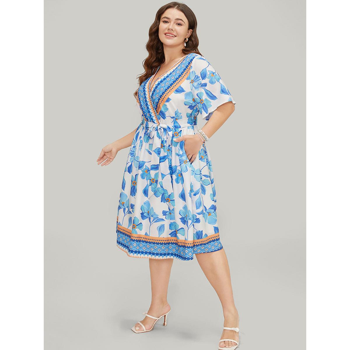 Plus Size Bandana Print Ruffle Hem Belted Pocket Wrap Dress LightBlue Women Vacation Cross straps V-neck Short sleeve Curvy Knee Dress BloomChic 12/L Product Image
