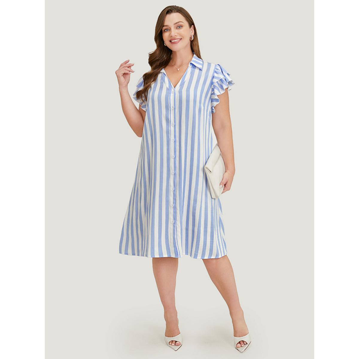 Plus Size Striped Print Ruffles Layered Cap Sleeve Button Up Dress LightBlue Women Office Contrast Lapel Collar Cap Sleeve Curvy Knee Dress BloomChic 12/L Product Image