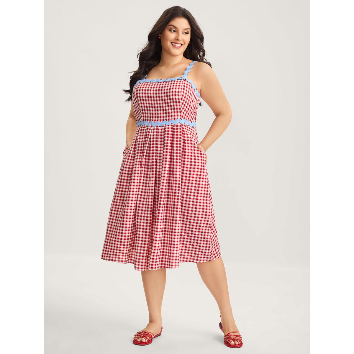 Plus Size Cotton Sweet Gingham Print Stretchy Waist Midi Dress Raspberry Women Non Sleeveless Curvy BloomChic 26/4X Product Image