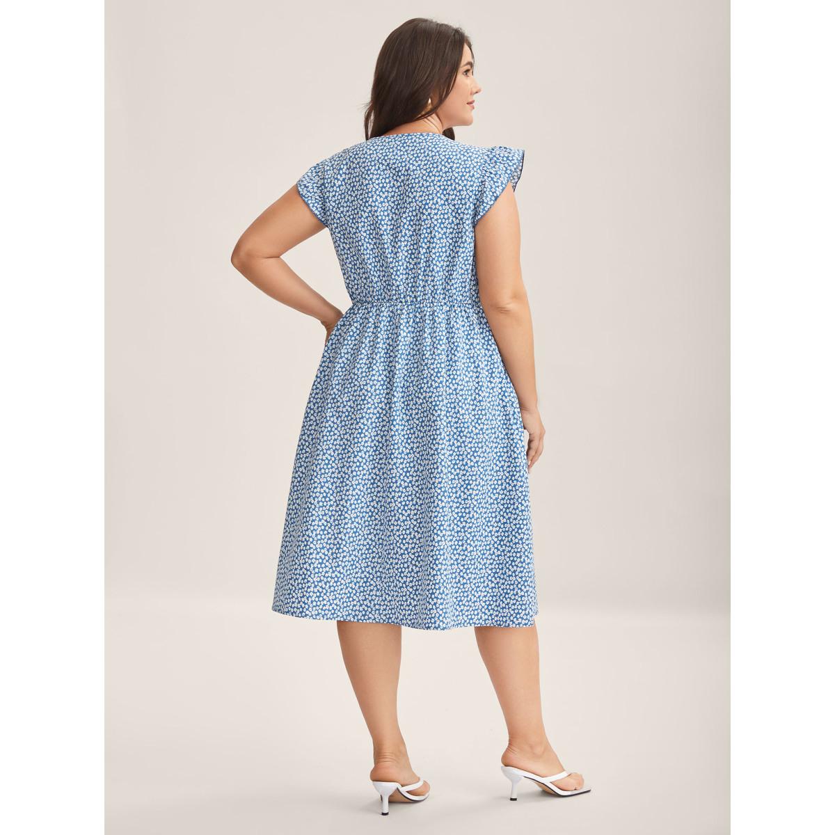 Plus Size Floral Print Ruffled Neck Midi Dress LightBlue Women V-neck Cap Sleeve Curvy BloomChic 10/M Product Image