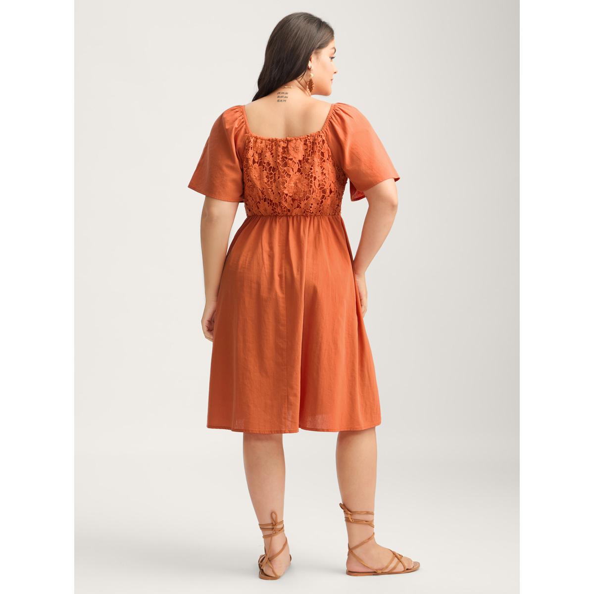 Plus Size Cotton Lace Stretchy Waist Pockets Midi Dress OrangeRed Women Square Neck Short sleeve Curvy BloomChic 28/5X Product Image