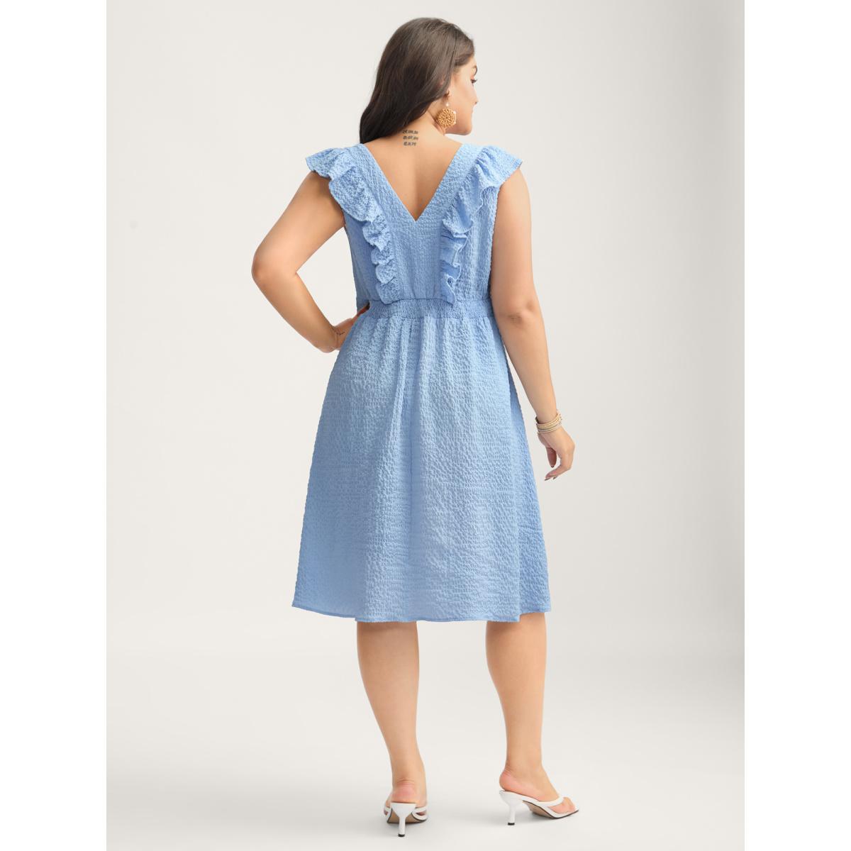 Plus Size Ruffled Neck Textured Sleeveless Midi Dress LightBlue Women V-neck Cap Sleeve Curvy BloomChic 14-16/1X Product Image