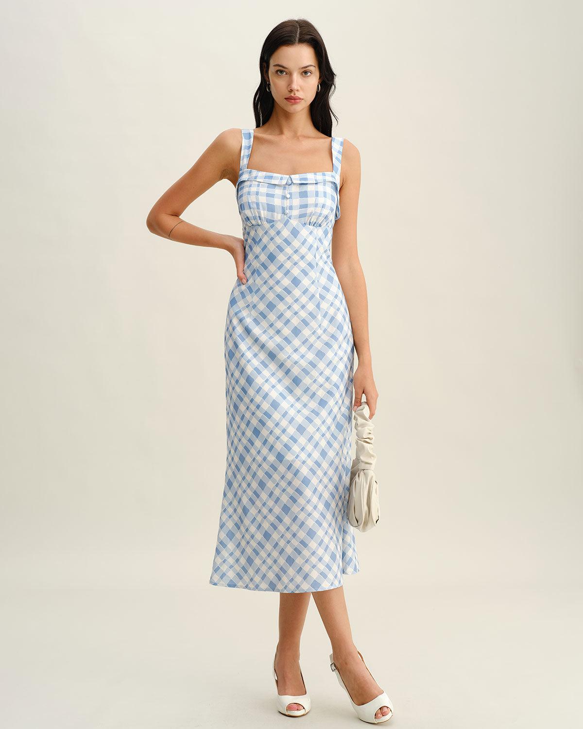 Blue Plaid Square Neck Slip Midi Dress Product Image