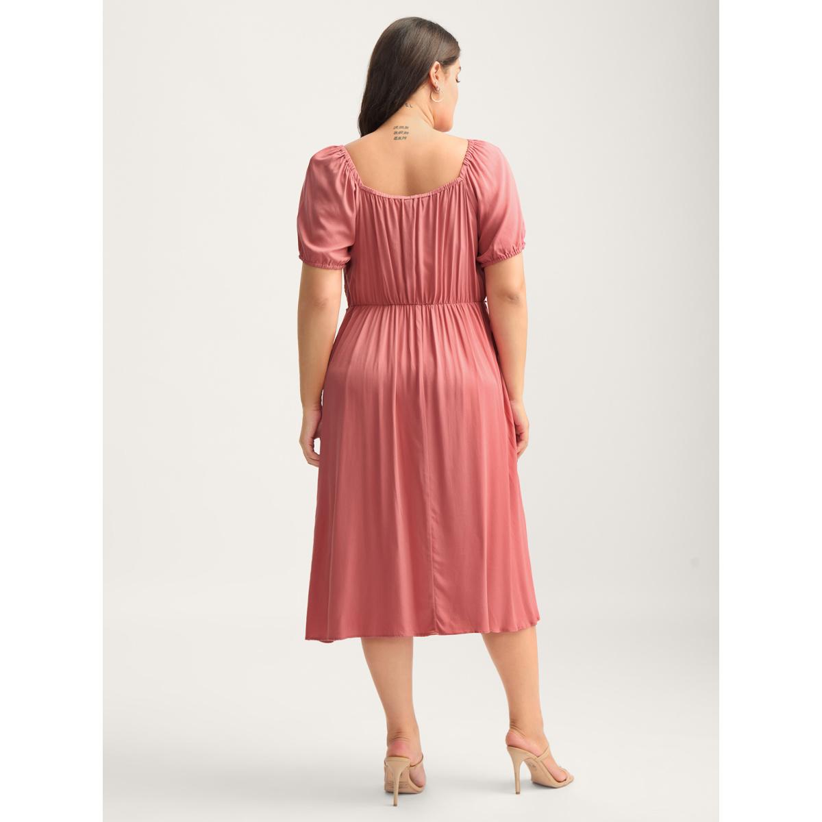 Plus Size Lace Trim Stretchy Waist Pockets Midi Dress Rouge Women Square Neck Short sleeve Curvy BloomChic 22-24/3X Product Image