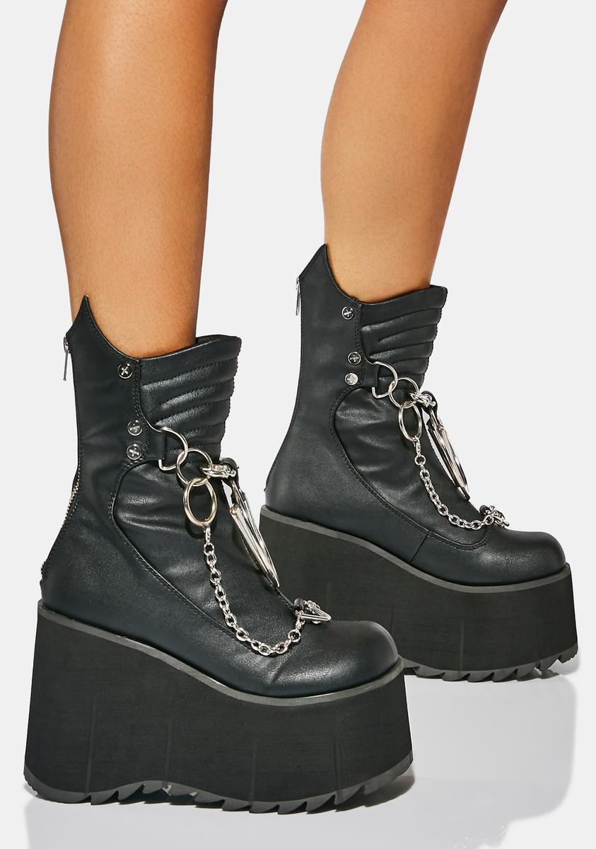 Demonia Kera-130 Black Vegan Leather Chain Platform Boots Product Image
