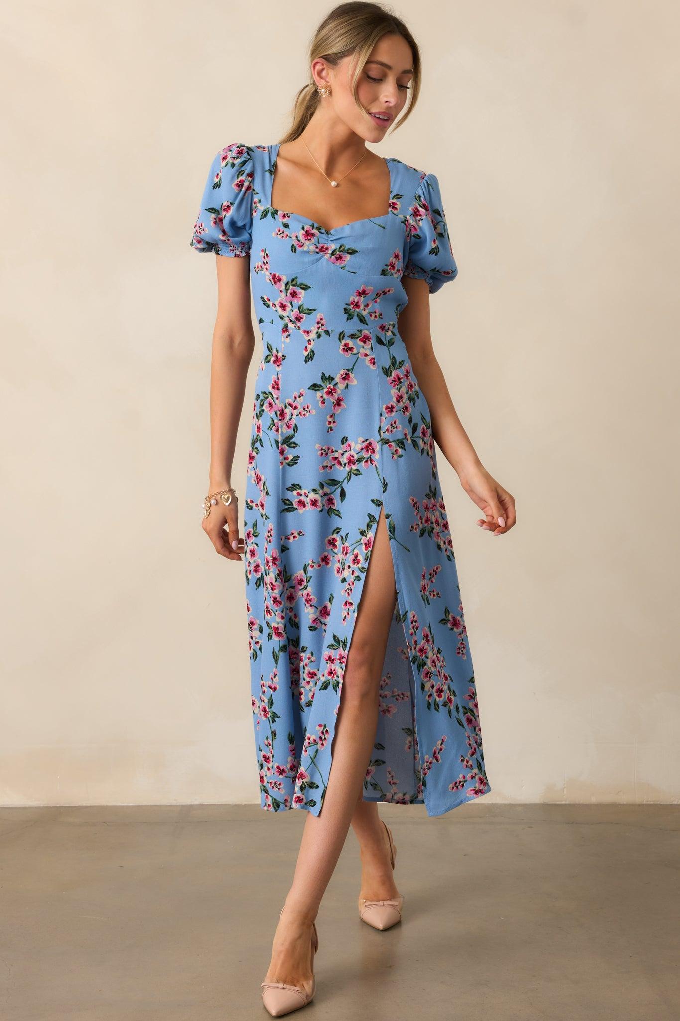 All Eyes On You Ash Blue Floral Puff Sleeve Midi Dress Product Image
