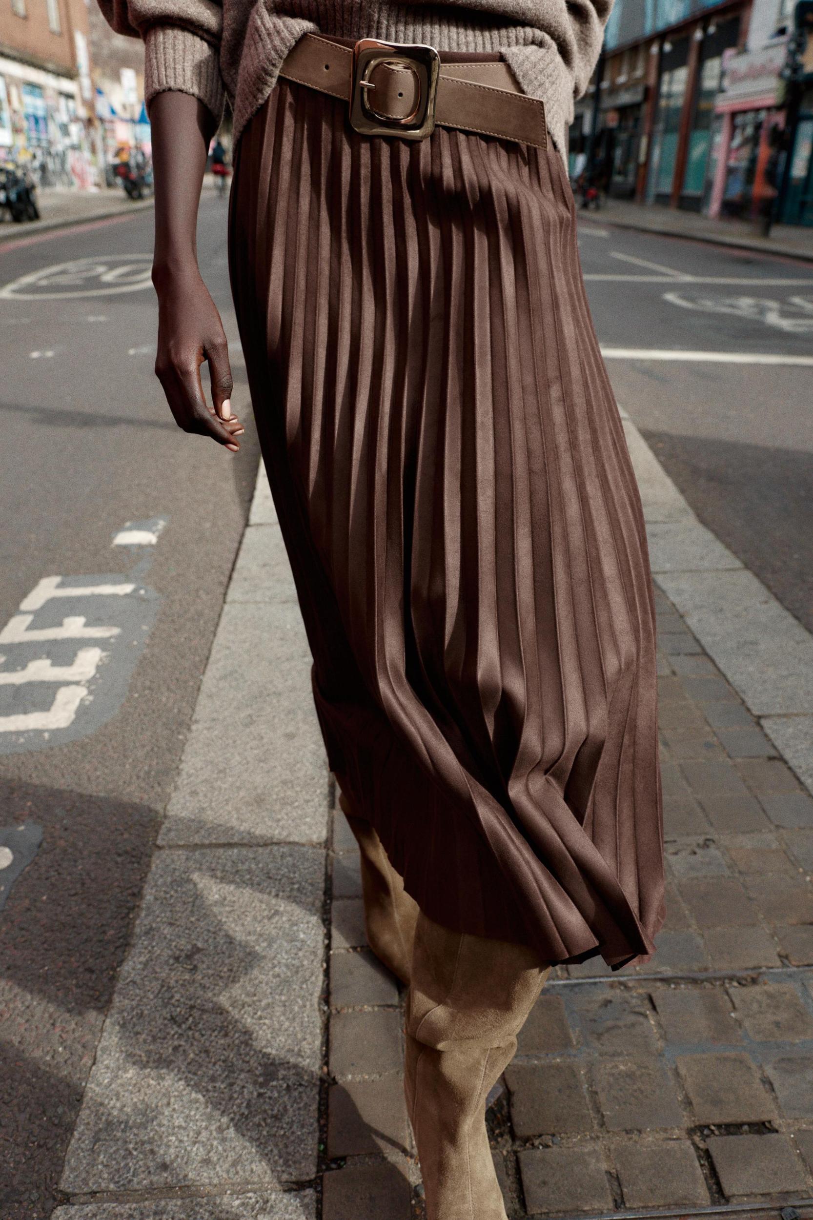 BELTED FAUX SUEDE EFFECT PLEATED MIDI SKIRT Product Image