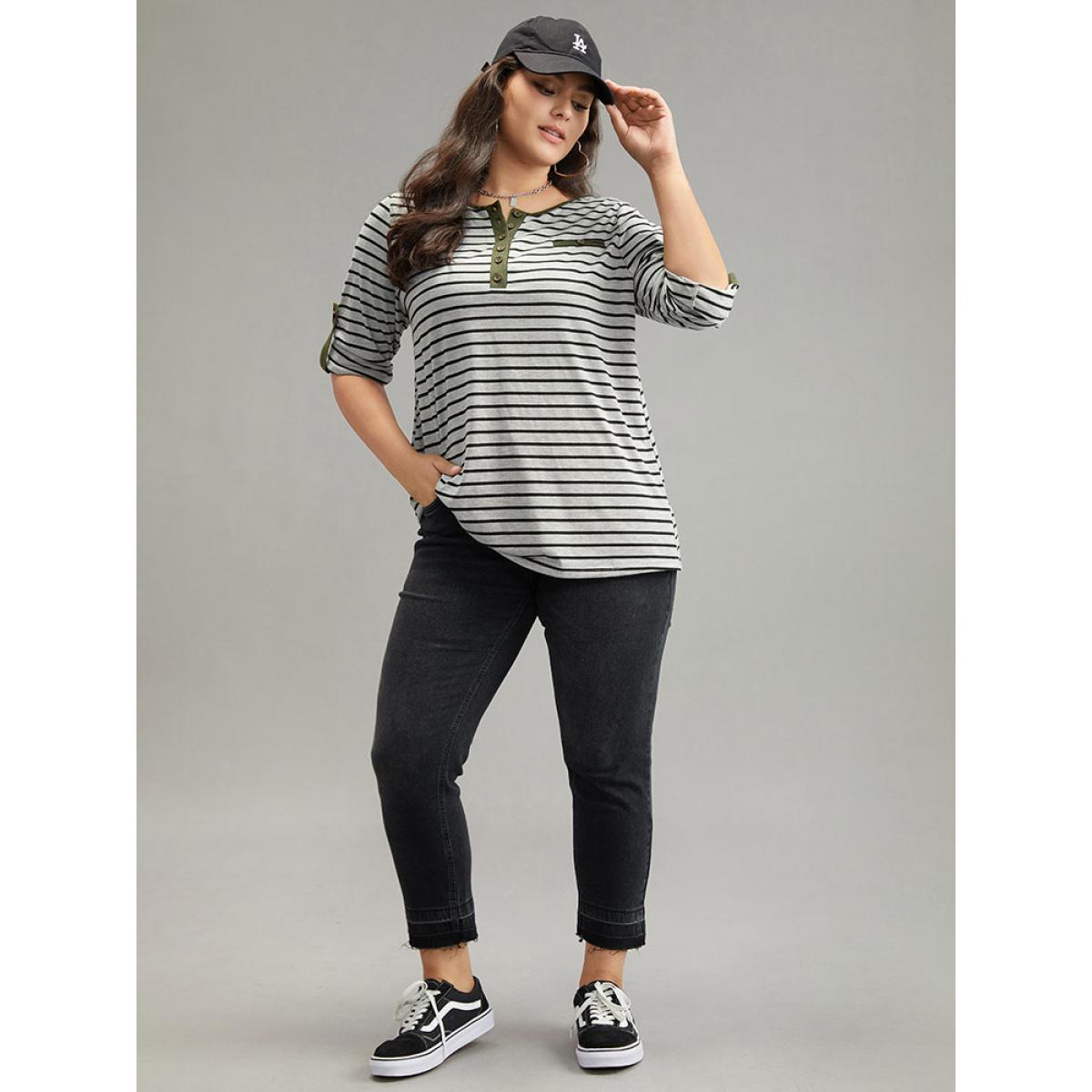 Plus Size Striped Contrast Button Up Tab Sleeve T-shirt Gray Women Casual Contrast Striped Open Front Everyday T-shirts BloomChic 14-16/1X Product Image