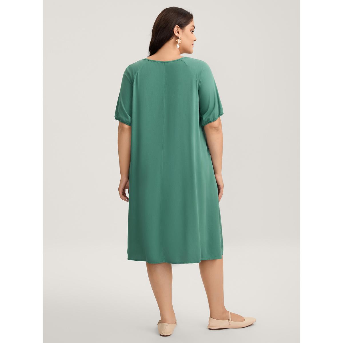 Plus Size Rayon Neck-Tie Pleated Midi Dress Teal Women Notched collar Short sleeve Curvy BloomChic 26/4X Product Image
