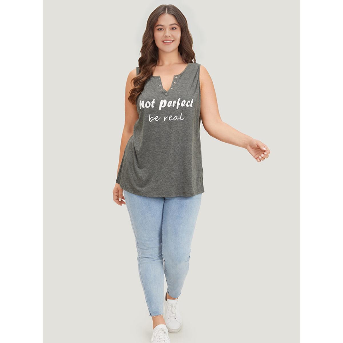 Plus Size Letter Print Button Notched Tank Top Women DarkGray Casual Printed Dailywear Tank Tops Camis BloomChic 14-16/1X Product Image