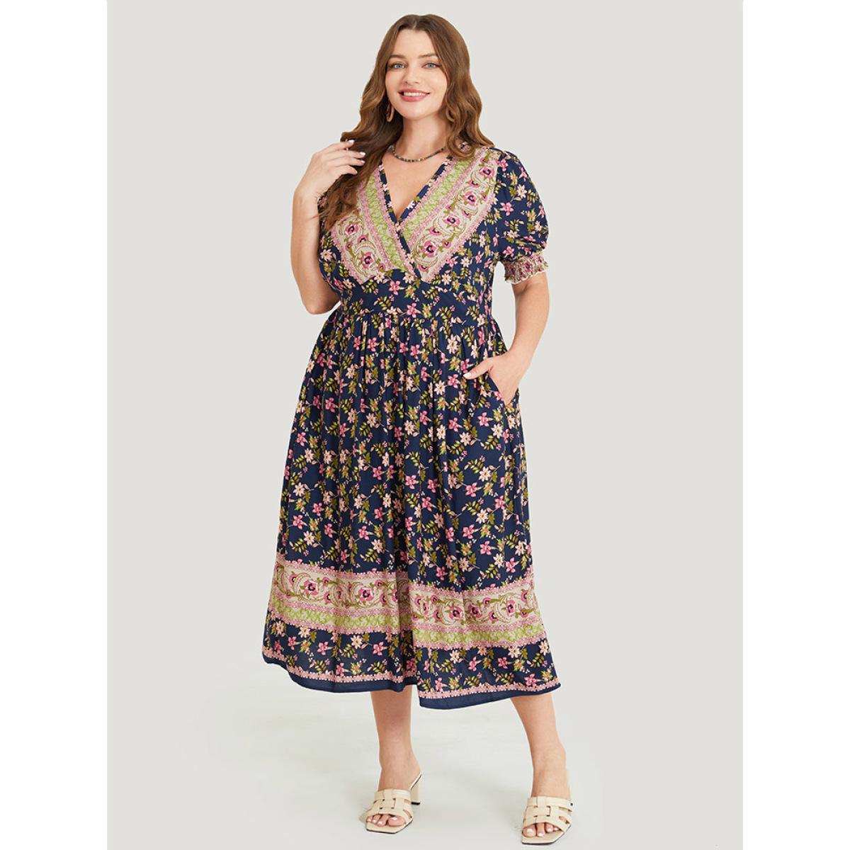 Plus Size Bandana Print Surplice Neck Pocket Shirred Puff Sleeve Dress Indigo Women Vacation Overlap Collar Short sleeve Curvy Midi Dress BloomChic 10/M Product Image