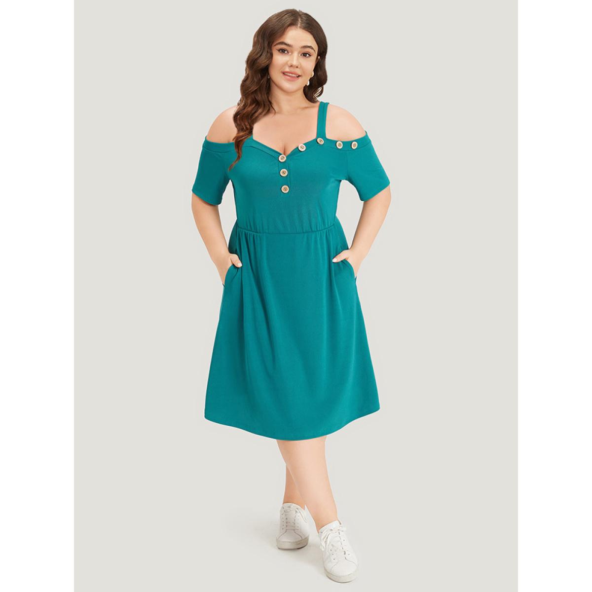 Plus Size Plain Pocket Button Detail Cold Shoulder Cami Dress Teal Women Casual Plain Cold Shoulder Short sleeve Curvy Knee Dress BloomChic 22-24/3X Product Image