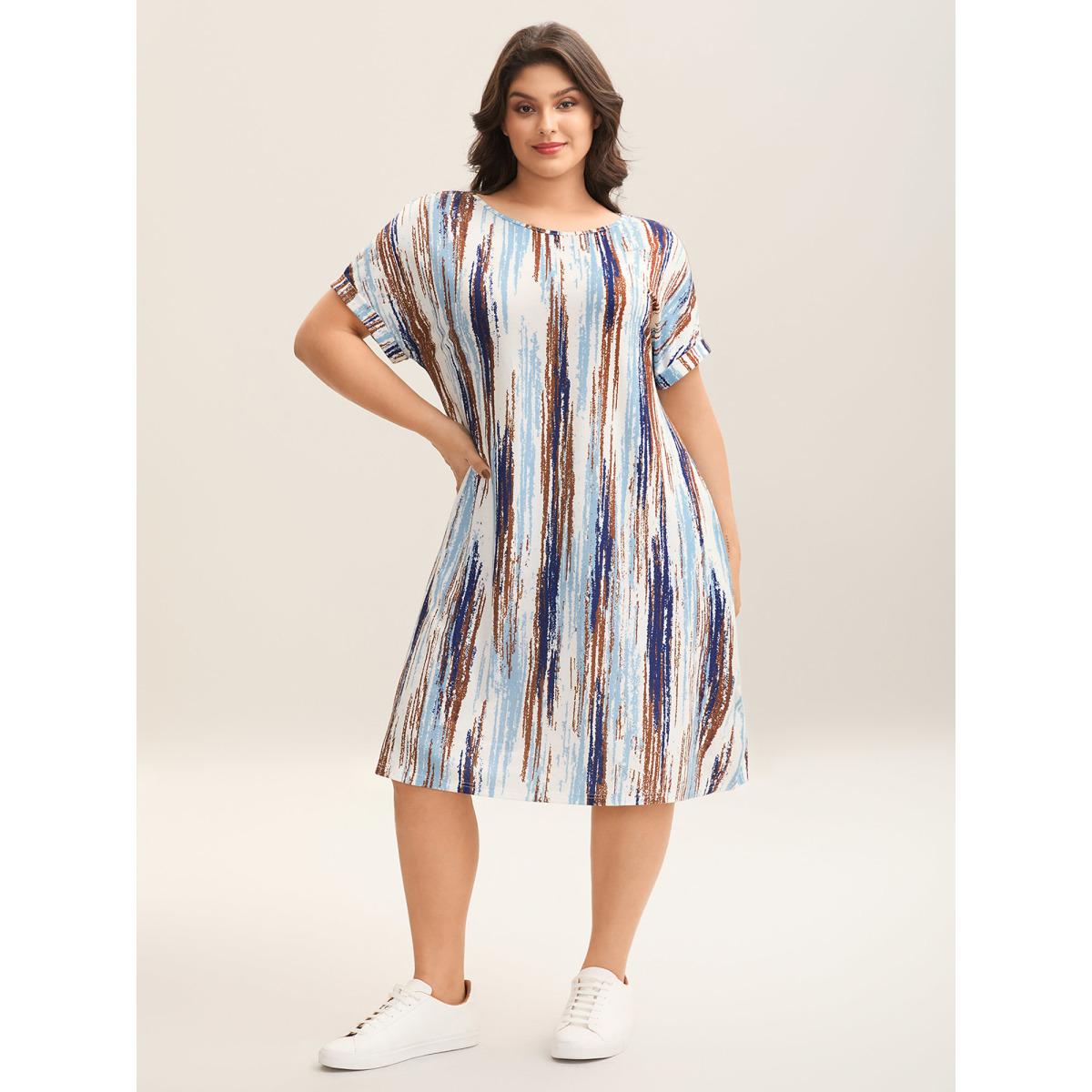 Plus Size Abstract Stripes Dolman Sleeve Midi Dress Multicolor Women Knit Dresses Bloomchic 22-24/3X Product Image