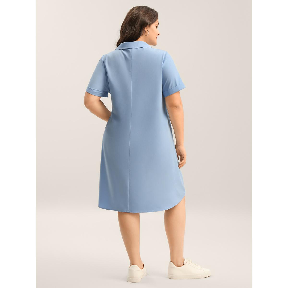 Plus Size Woven Knotted Solid Shirt Dress Stone Women Shirt collar Short sleeve Curvy BloomChic 10/M Product Image