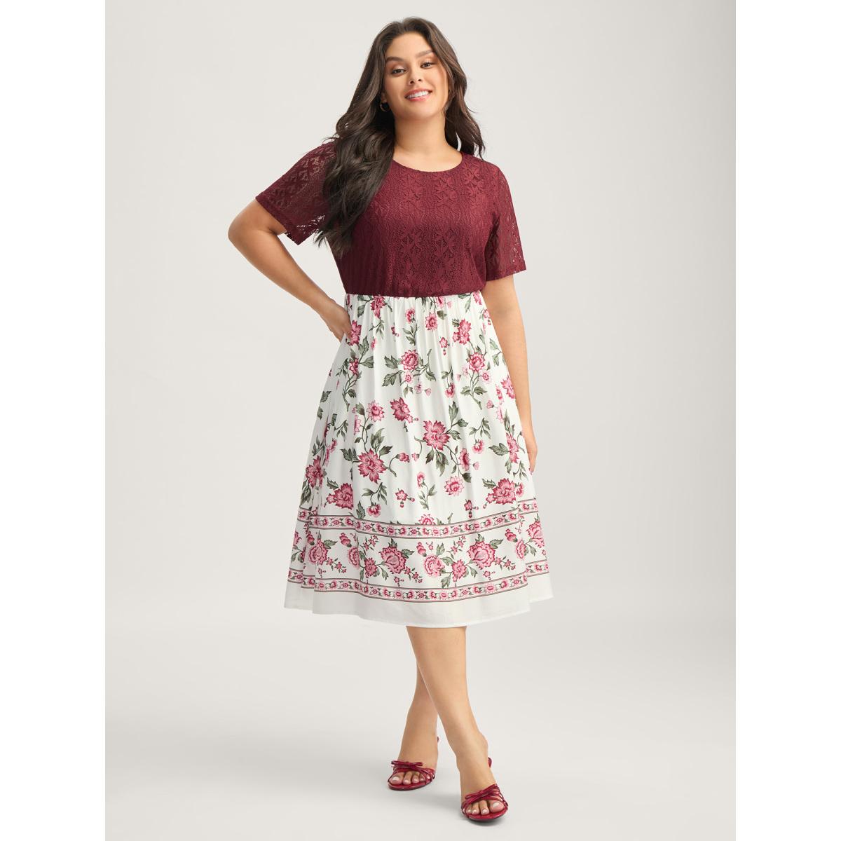 Plus Size Floral Lace Stretchy Waist Contrast Midi Dress Burgundy Women Round Neck Short sleeve Curvy BloomChic 22-24/3X Product Image