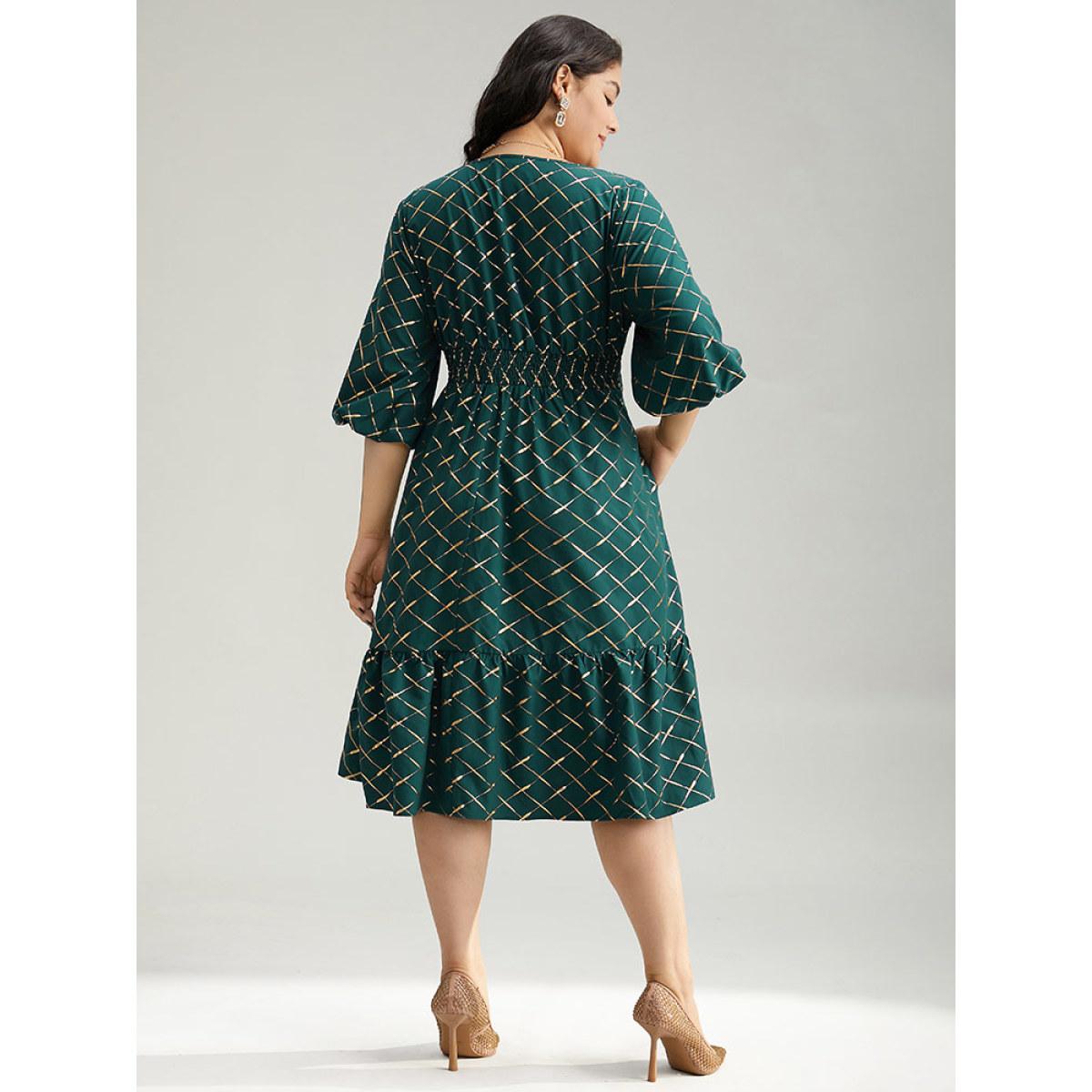 Plus Size Glitter Plaid Lantern Sleeve Ruffle Hem Dress DarkGreen Women Party Elastic cuffs V-neck Elbow-length sleeve Curvy Midi Dress BloomChic 10/M Product Image
