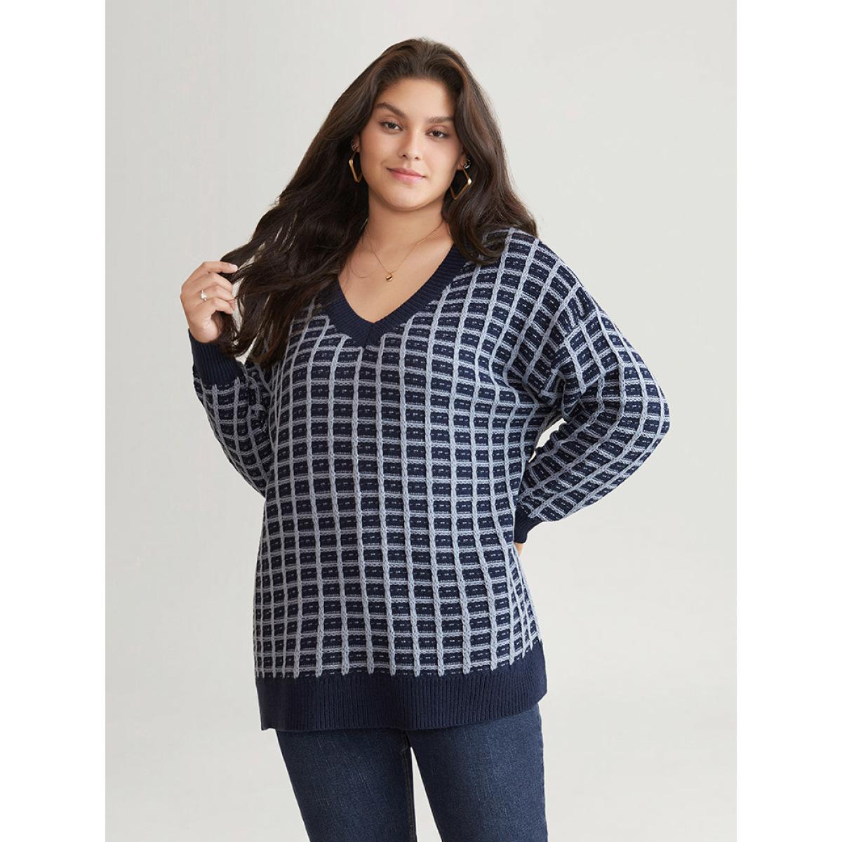 Plus Size Gingham Plisse V Neck Elastic Cuffs Pullover Midnight Women Casual Loose Long Sleeve V-neck Dailywear Pullovers BloomChic 12/L Product Image
