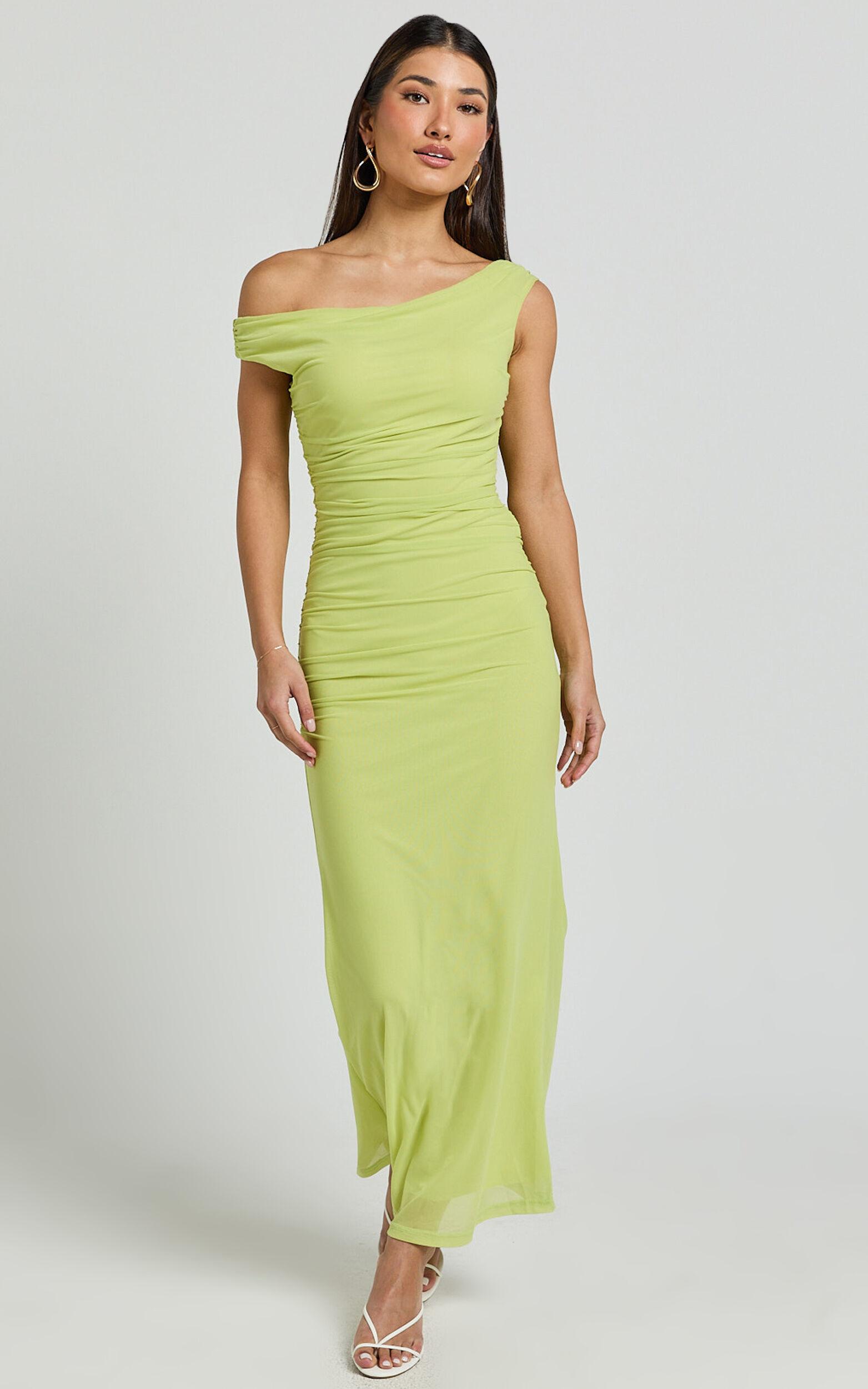 Vicky Midi Dress - Off the Shoulder Slip Dress in Lime Product Image