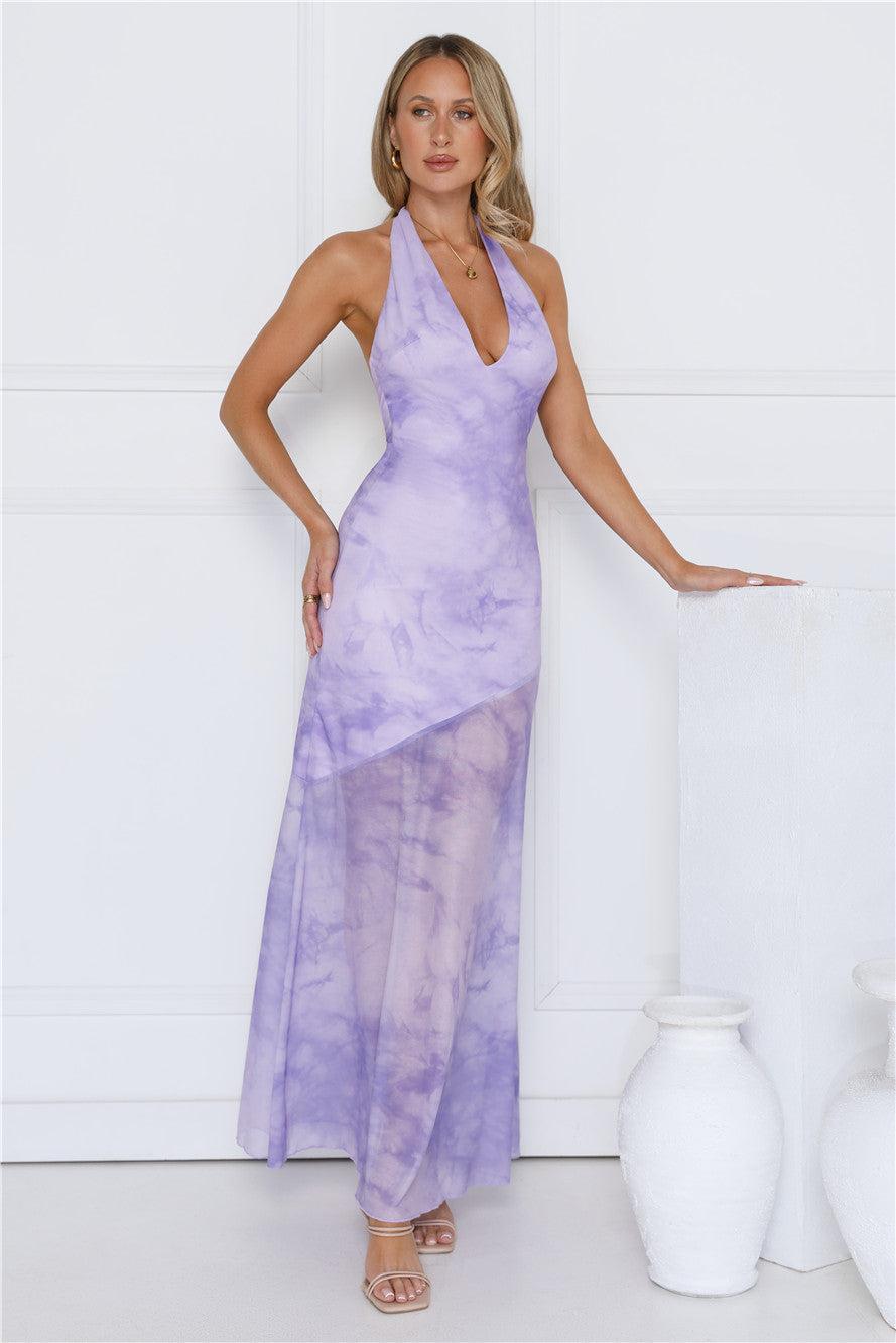 Sprinkle Pop Halter Mesh Maxi Dress Purple Product Image