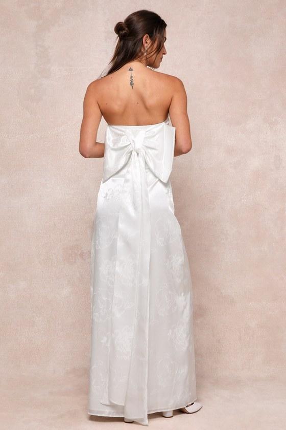 Avid Elegance Ivory Satin Jacquard Strapless Bow Maxi Dress Product Image