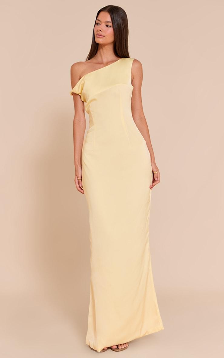 Lemon Satin Asymmetric Bardot Twist Maxi Dress Product Image