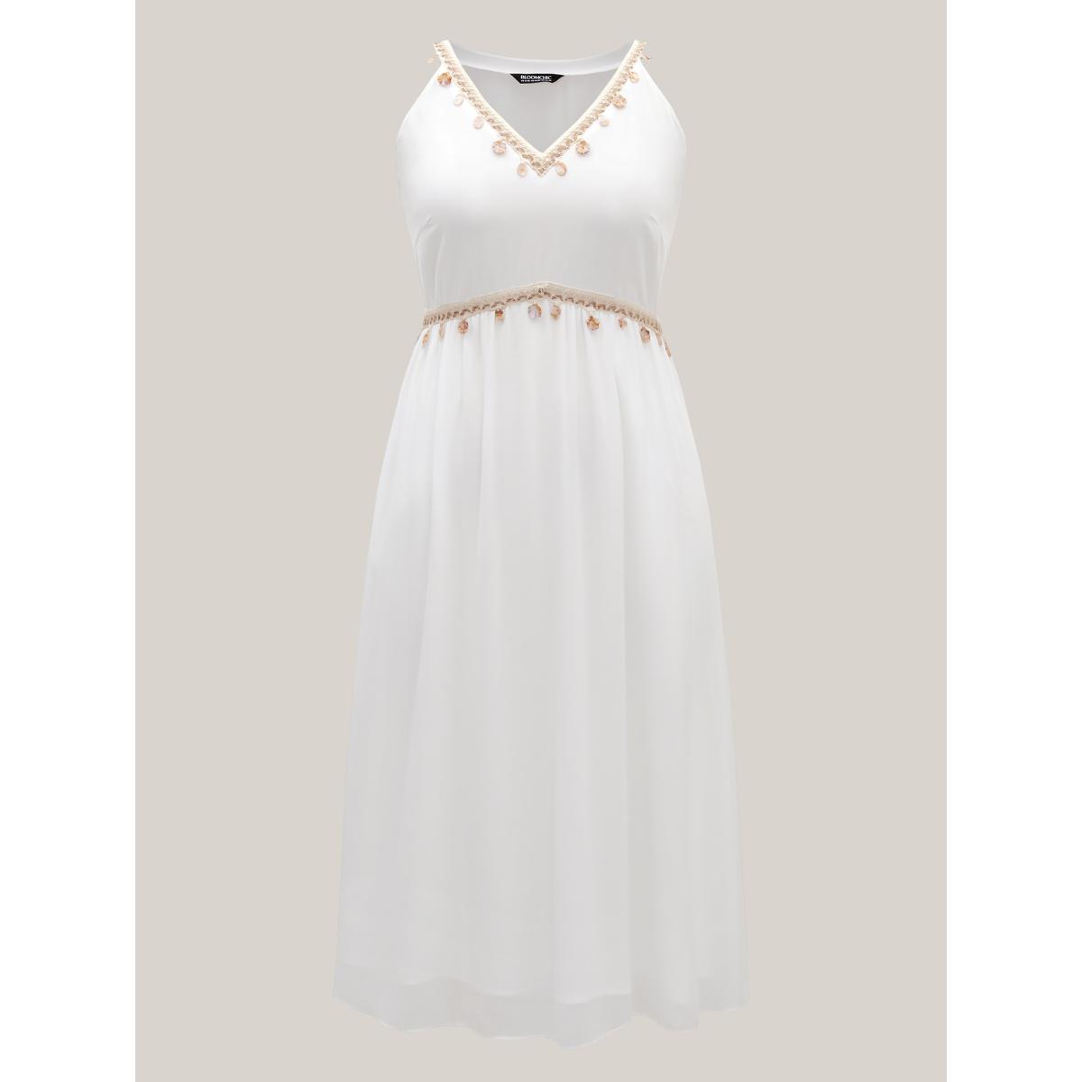 Plus Size Lace Spliced V-Neck Waist-Cinched Midi Dress Beige Women V-neck Sleeveless Curvy BloomChic 30/6X Product Image