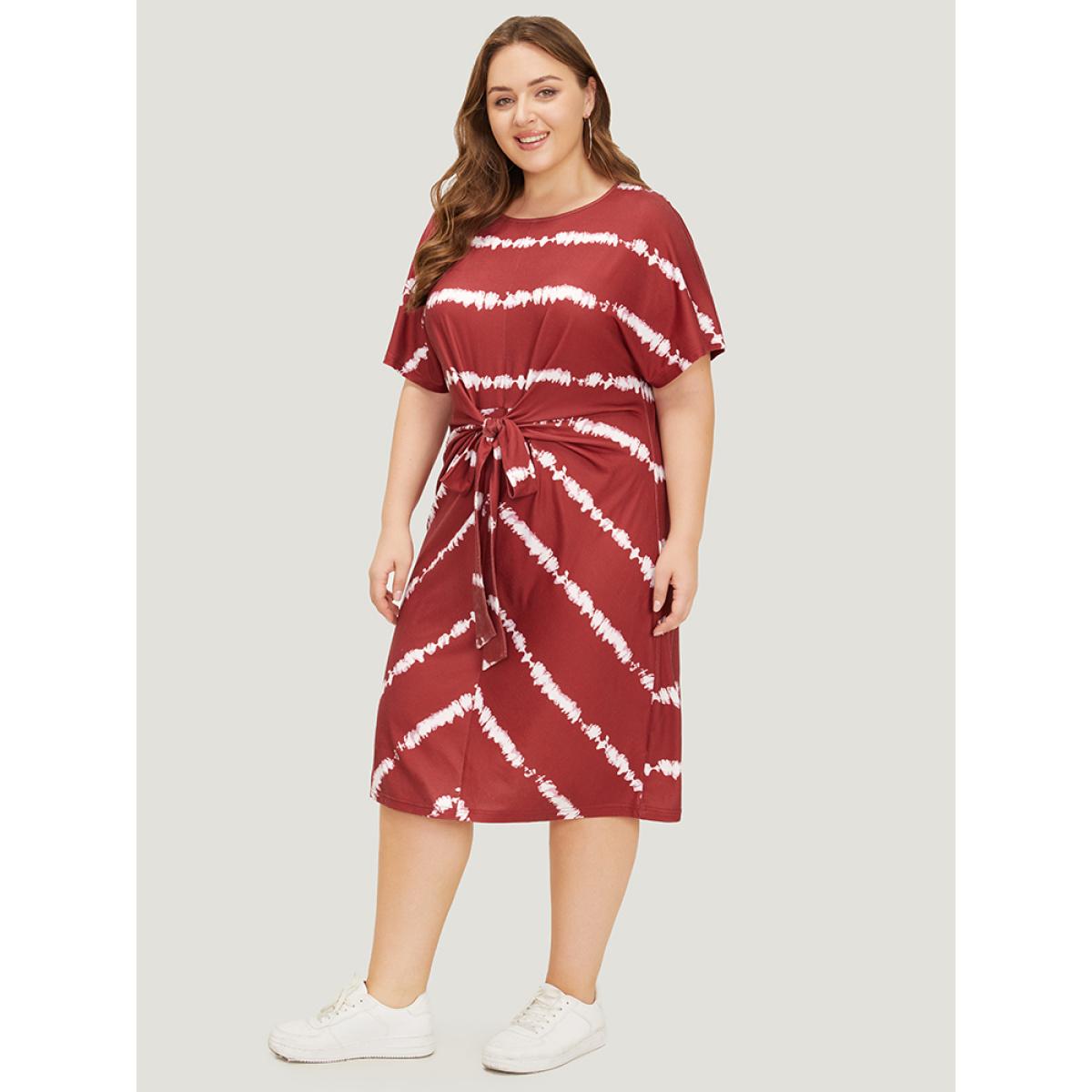 Plus Size Striped Print Batwing Sleeve Knot Front Tie Dye Dress Burgundy Women Casual Cross straps Round Neck Short sleeve Curvy Knee Dress BloomChic 28/5X Product Image