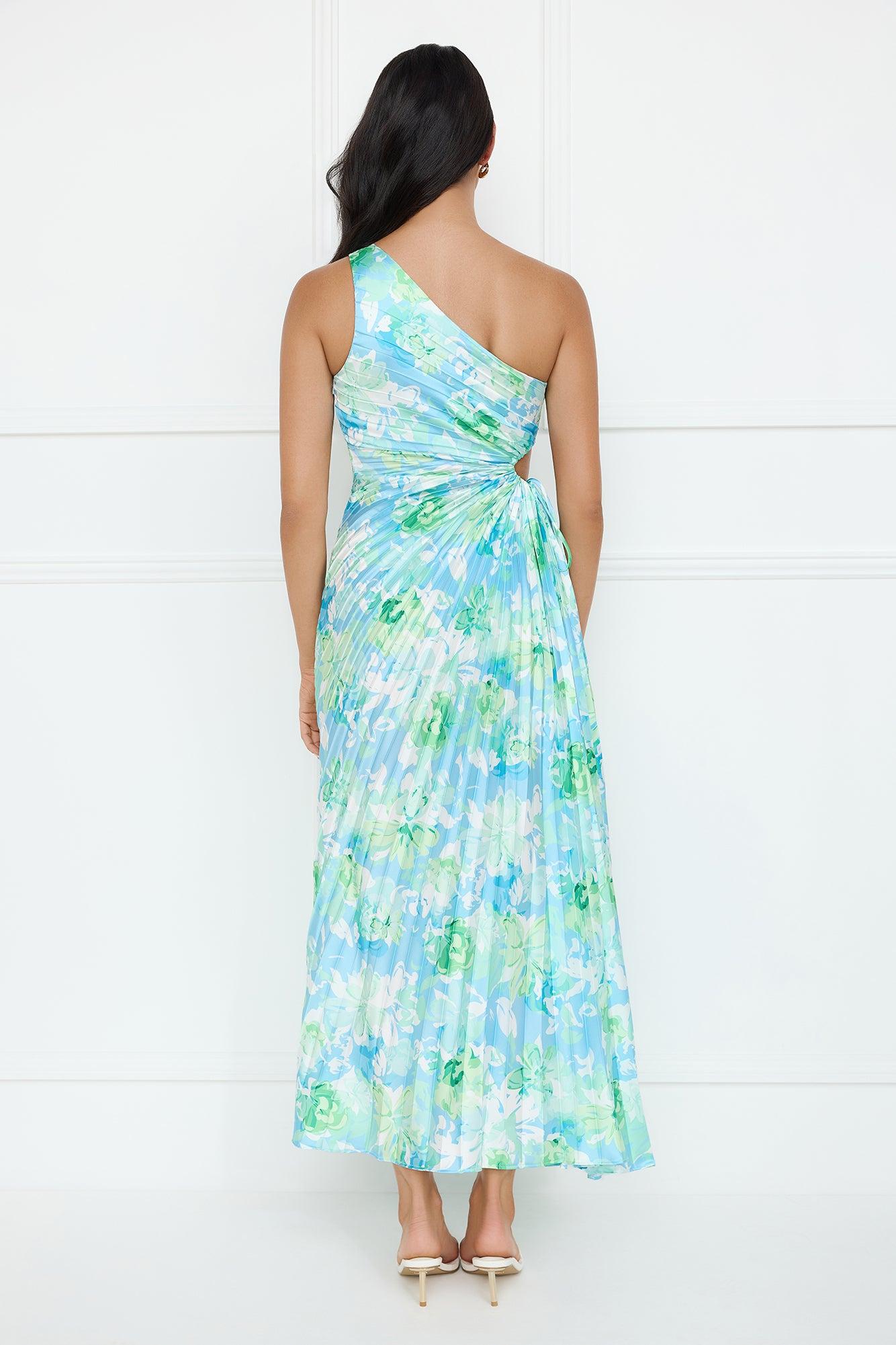 Emerald Ice One Shoulder Satin Pleated Maxi Dress Blue Product Image