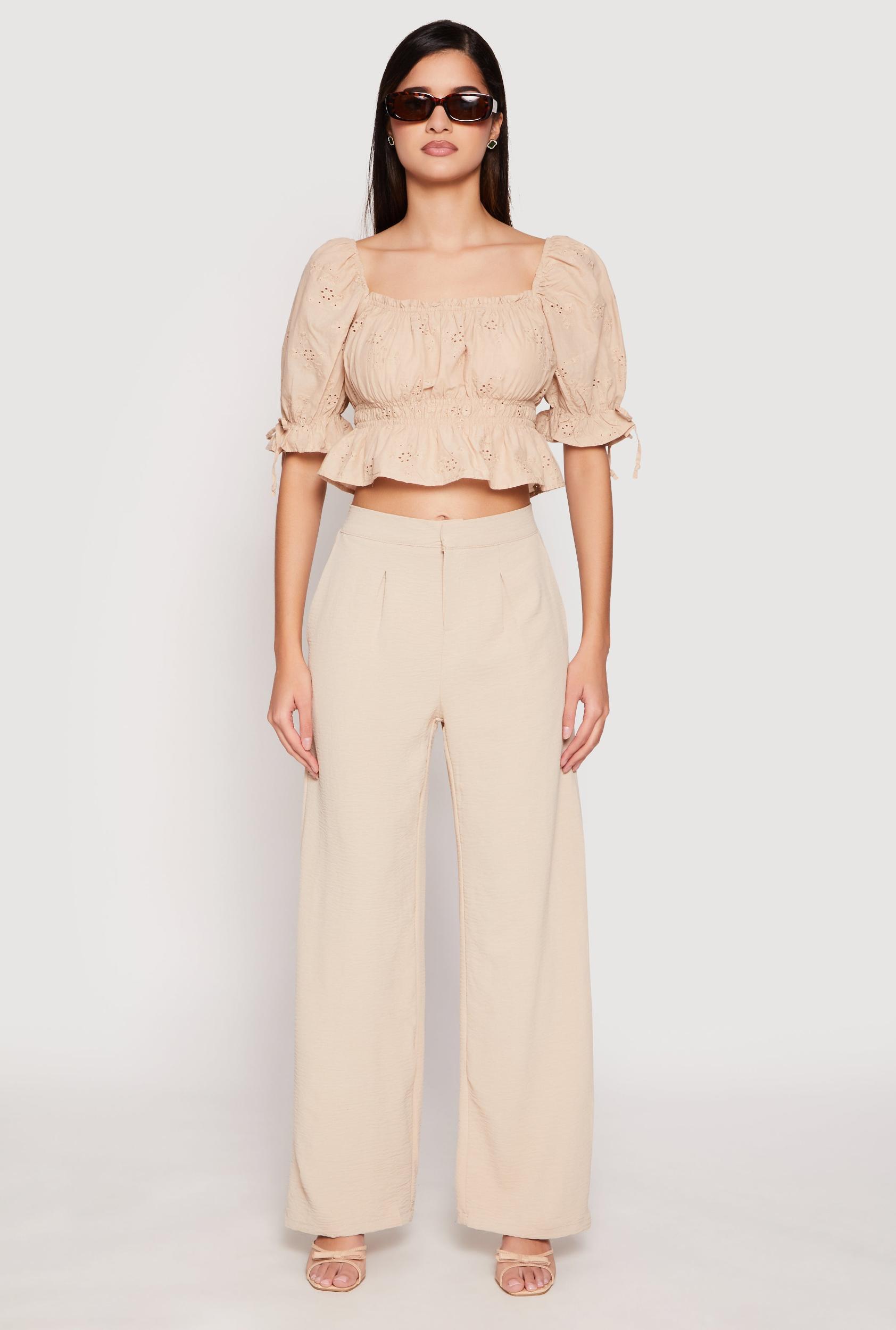 Womens Eyelet Puff Sleeve Peplum Crop Top Product Image