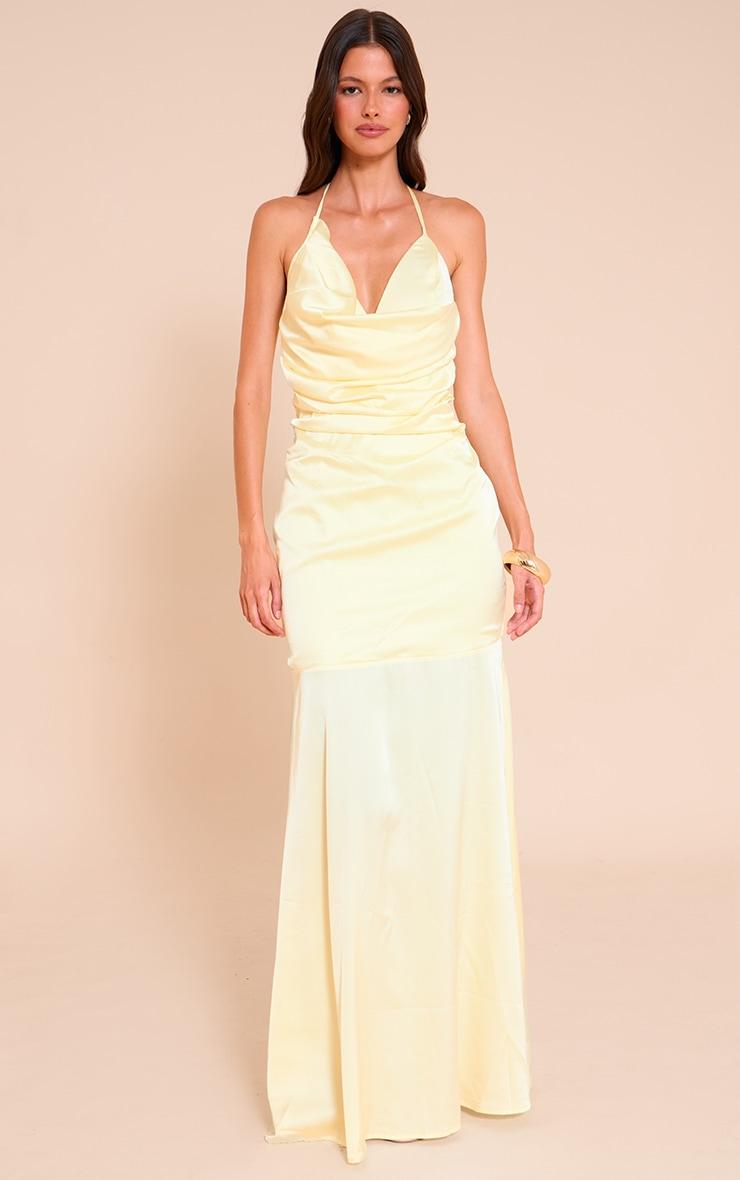 Lemon Satin Asymetric Drape Maxi Dress Product Image