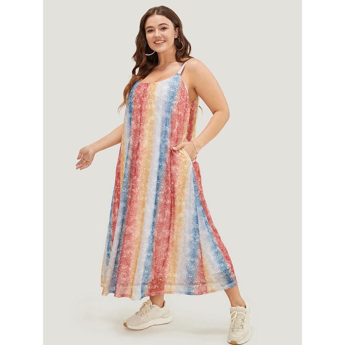 Plus Size Rainbow Striped Pocket Contrast Cami Maxi Dress Multicolor Women Casual Lined Spaghetti Strap Sleeveless Curvy Long Dress BloomChic 14-16/1X Product Image