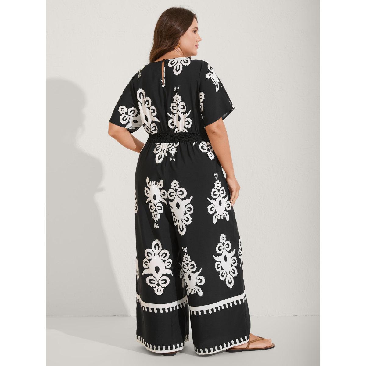 Plus Size Black Boho Print Shirred Waist Surplice Jumpsuit Women Boho Short sleeve V-neck Vacation Loose Jumpsuits BloomChic 30/6X Product Image