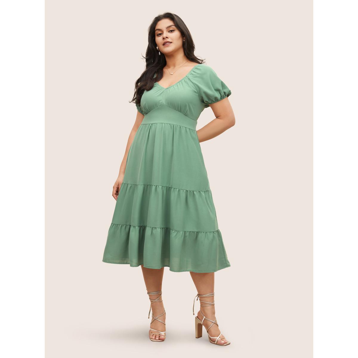 Plus Size Solid Gathered Lantern Sleeve Ruffle Layered Hem Dress Mint Women Elegant Non V-neck Short sleeve Curvy Midi Dress BloomChic 14-16/1X Product Image