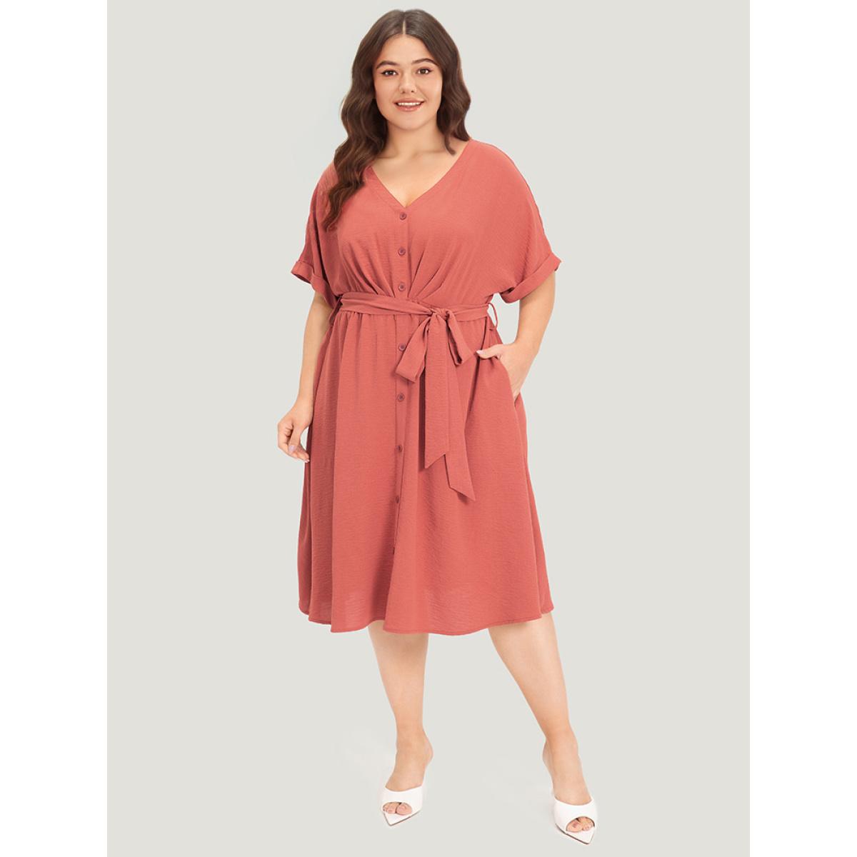 Plus Size Solid Pocket Button Detail Ties Roll Sleeve Dress Rust Women Office Plain V-neck Short sleeve Curvy Midi Dress BloomChic 12/L Product Image