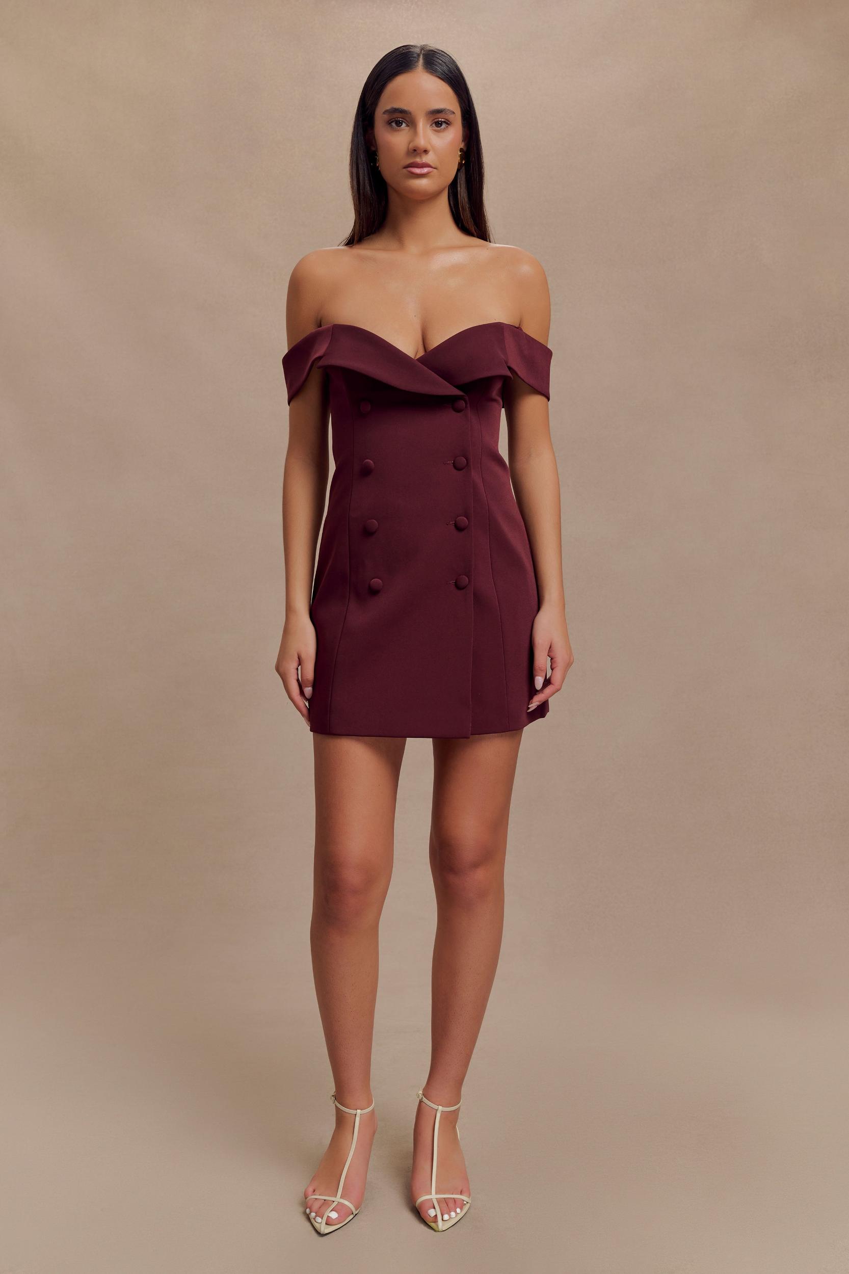 Noelle Off Shoulder Suiting Mini Dress - Mahogany Product Image