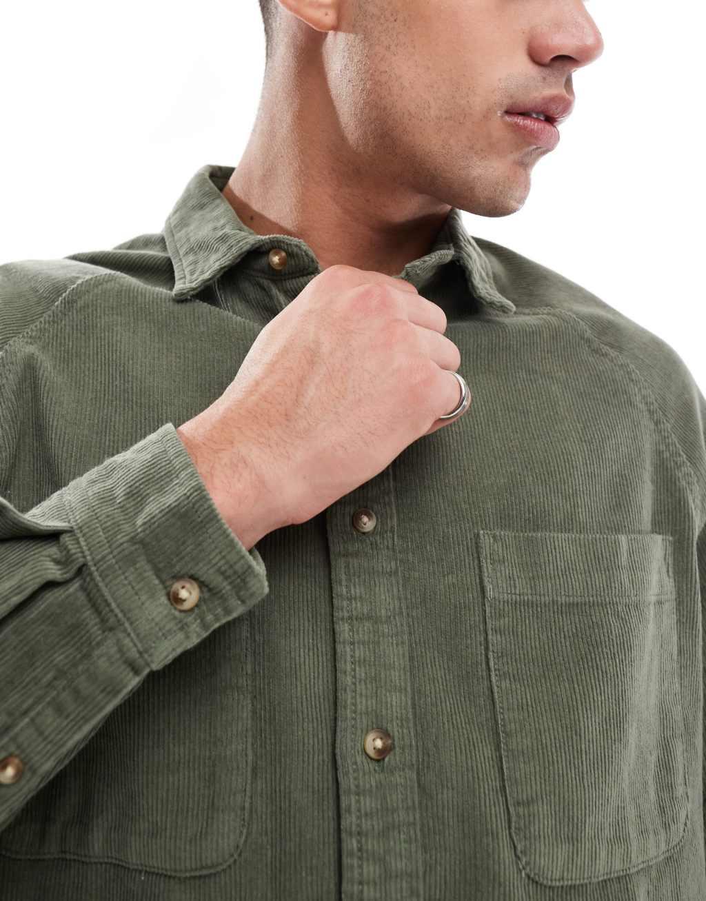 ASOS DESIGN 90s oversized cord shirt with square collar in khaki Product Image