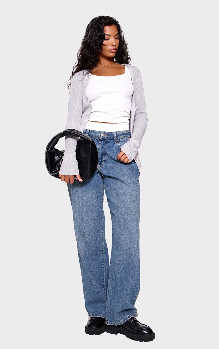 Grey Knitted Ribbed Long Sleeve Cardigan Product Image