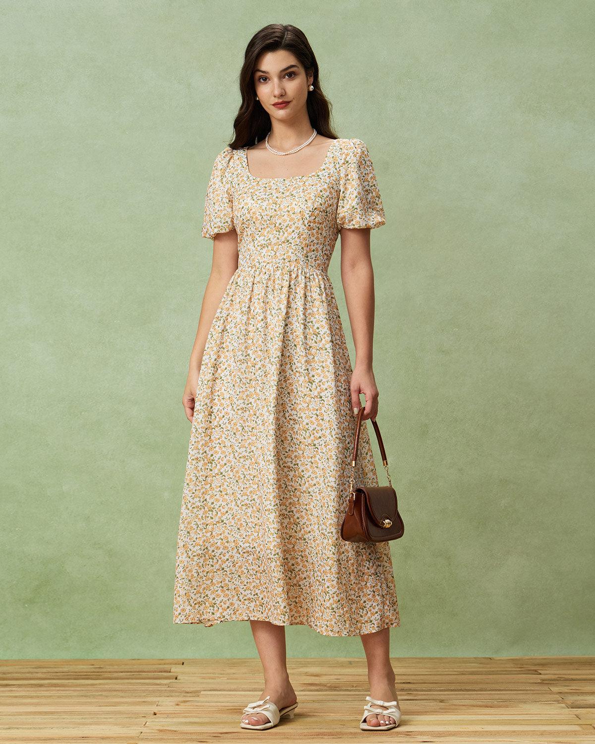Yellow Floral Puffed Sleeve Midi Dress Product Image