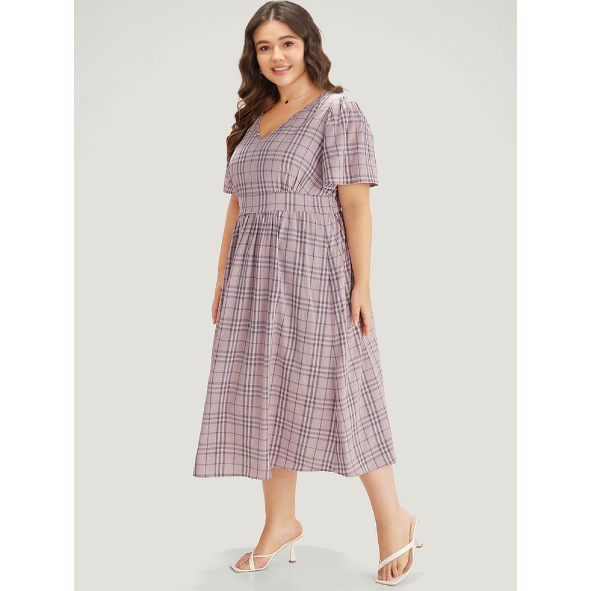 Plus Size Plaid V Neck Gathered Ruffle Sleeve Dress Lavender Women Elegant Gathered V-neck Short sleeve Curvy Midi Dress BloomChic 26/4X Product Image