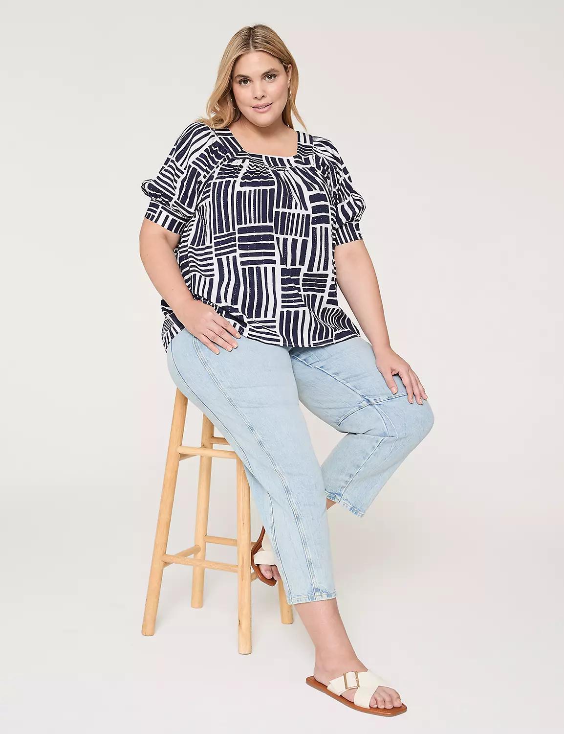 Swing Square-Neck Textured Peasant Blouse Product Image