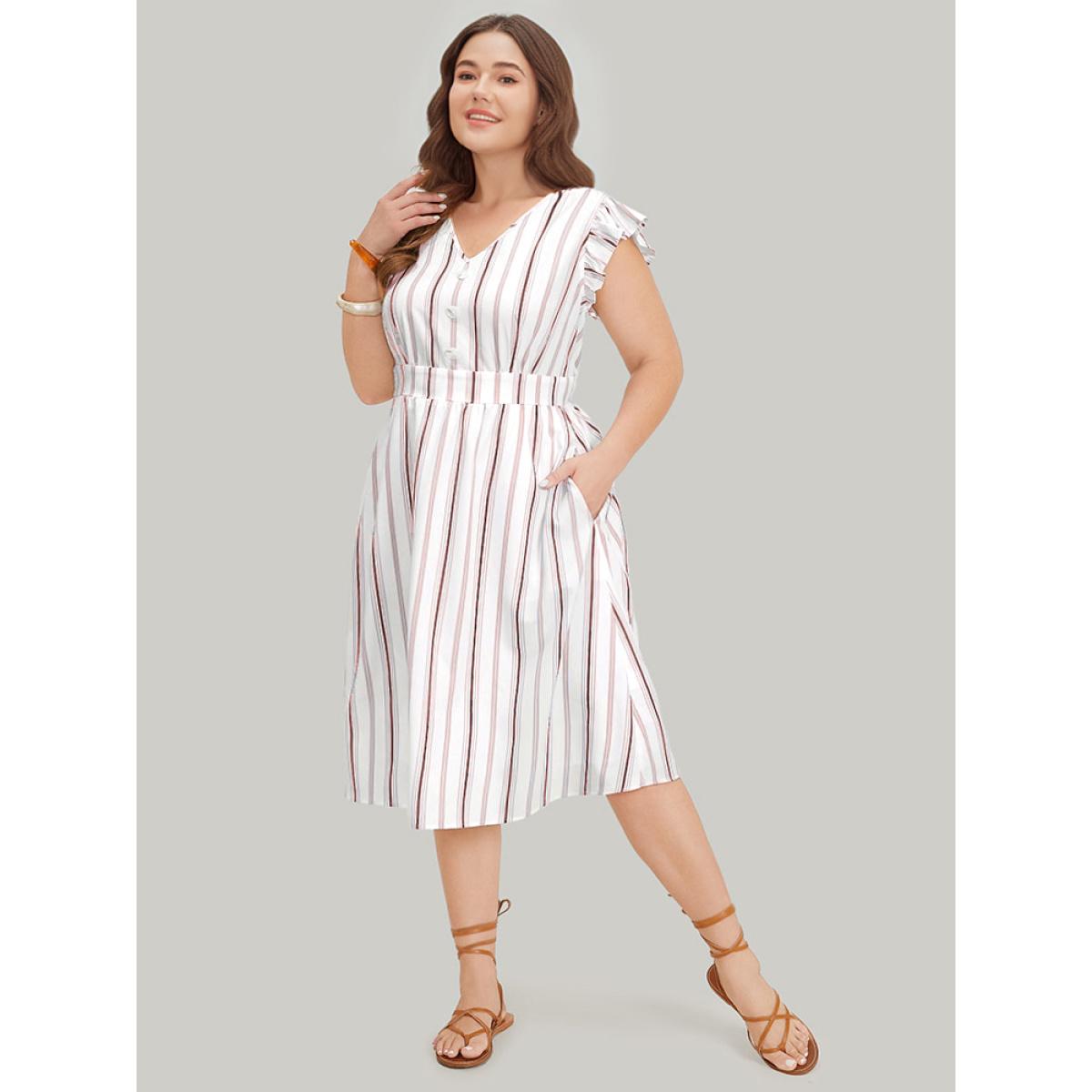 Plus Size Striped Ruffle Cap Sleeve Button Detail Wideband Waist Dress Scarlet Women Elegant Elastic Waist V-neck Cap Sleeve Curvy Midi Dress BloomChic 18-20/2X Product Image