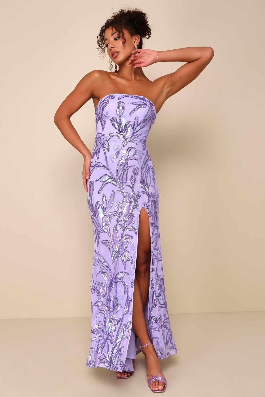 Shimmering Icon Lavender Sequin Lace-Up Strapless Maxi Dress Product Image