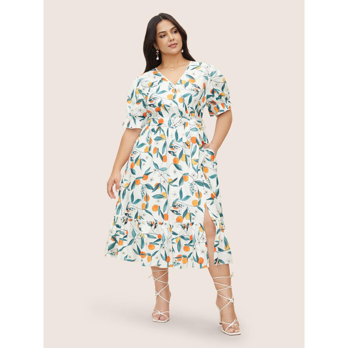 Plus Size Citrus Orange Print Overlap Collar Frill Trim Split Hem Dress Multicolor Women Elegant Overlapping Overlap Collar Half Sleeve Curvy Midi Dress BloomChic 18-20/2X Product Image