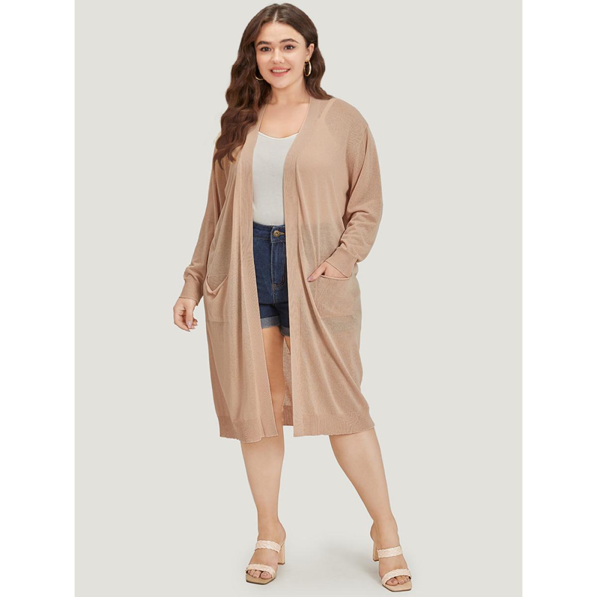 Plus Size Solid Patched Pocket Open Front Breathable Maxi Cardigan Apricot Women Casual Loose Long Sleeve Everyday Cardigans BloomChic 18-20/2X Product Image