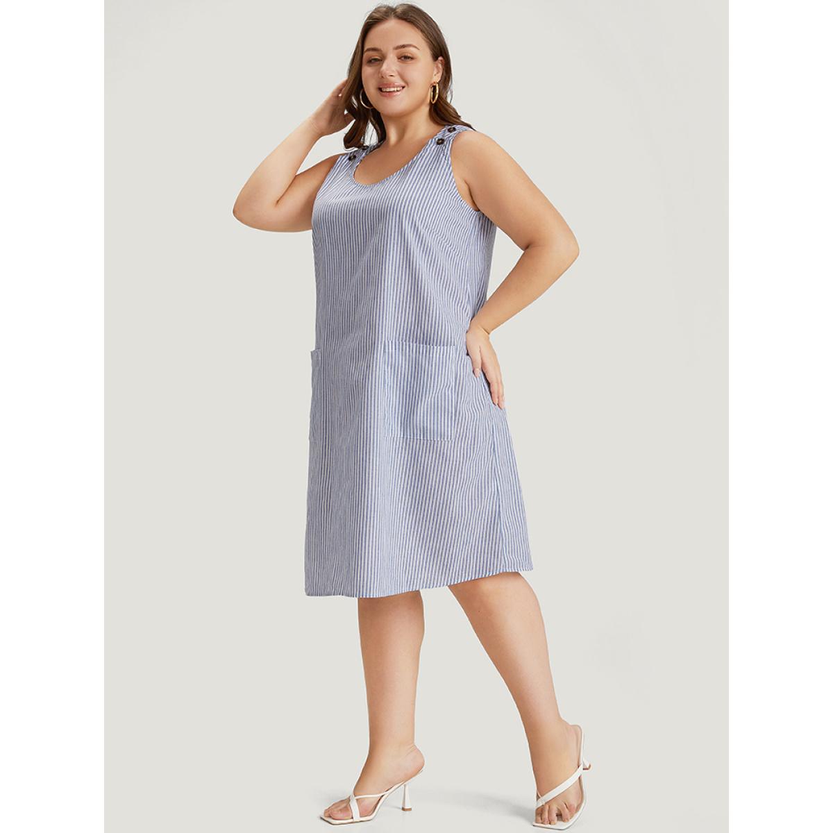 Plus Size Striped Patched Pocket Adjustable Button Dress LightBlue Women Casual Adjustable Straps Round Neck Sleeveless Curvy Knee Dress BloomChic 26/4X Product Image