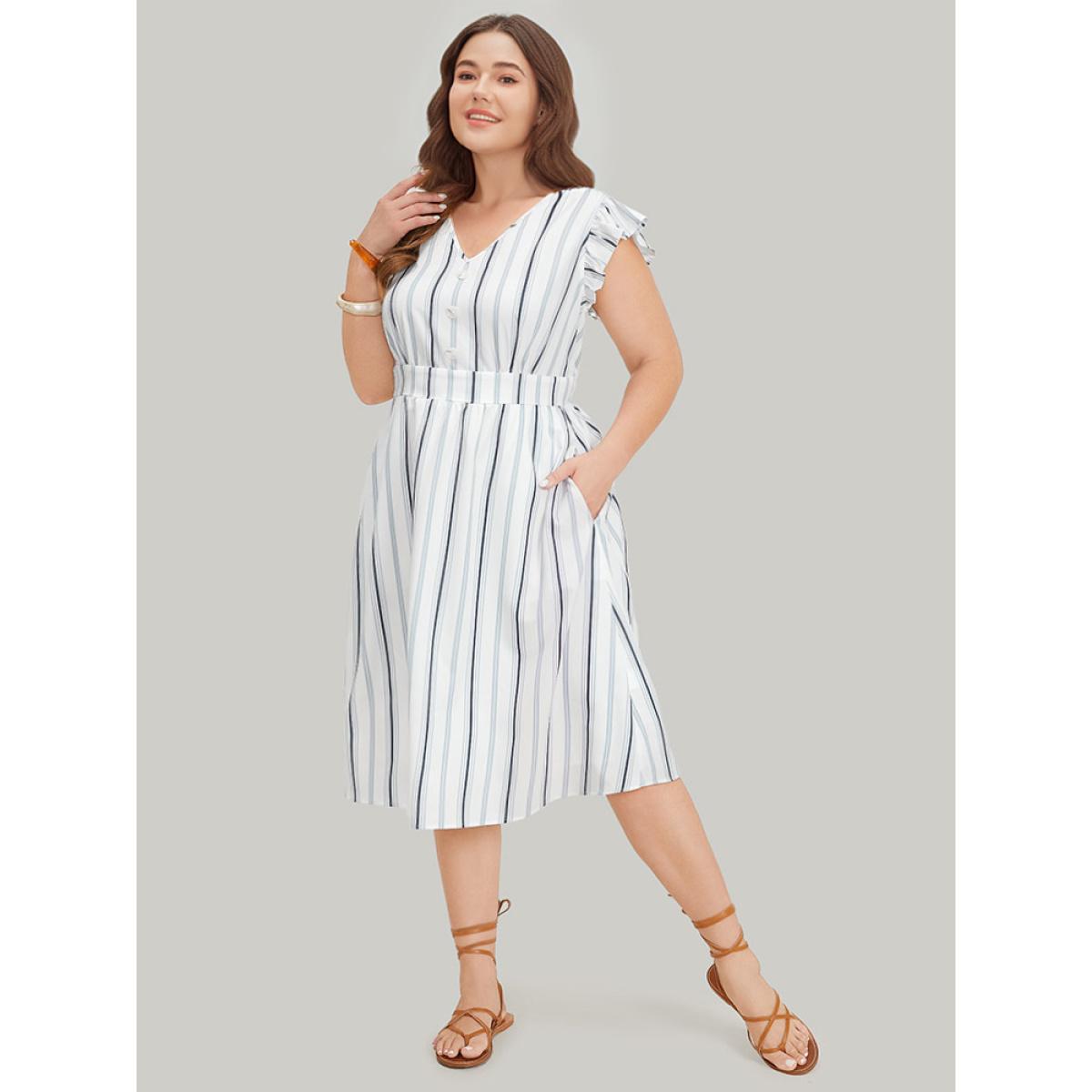 Plus Size Striped Ruffle Cap Sleeve Button Detail Wideband Waist Dress Multicolor Women Elegant Elastic Waist V-neck Cap Sleeve Curvy Midi Dress BloomChic 14-16/1X Product Image