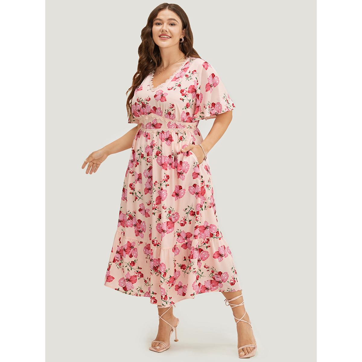 Plus Size Floral Print Lace Pocket Ruffle Hem Empire Waist Dress Pink Women Elegant Pocket V-neck Short sleeve Curvy Midi Dress BloomChic 14-16/1X Product Image